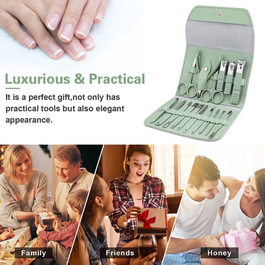 Manicure Set Professionele Pedicure Kit Nagelverzorging Gereedschap 16-in-1 RVS Nagelknipper Gereedschap Verzorgingsset met Luxe Lederen Reistas (Groen)