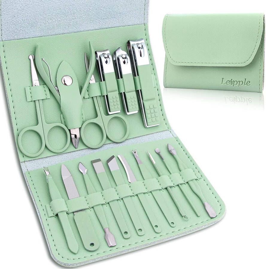 Manicure Set Professionele Pedicure Kit Nagelverzorging Gereedschap 16-in-1 RVS Nagelknipper Gereedschap Verzorgingsset met Luxe Lederen Reistas (Groen)