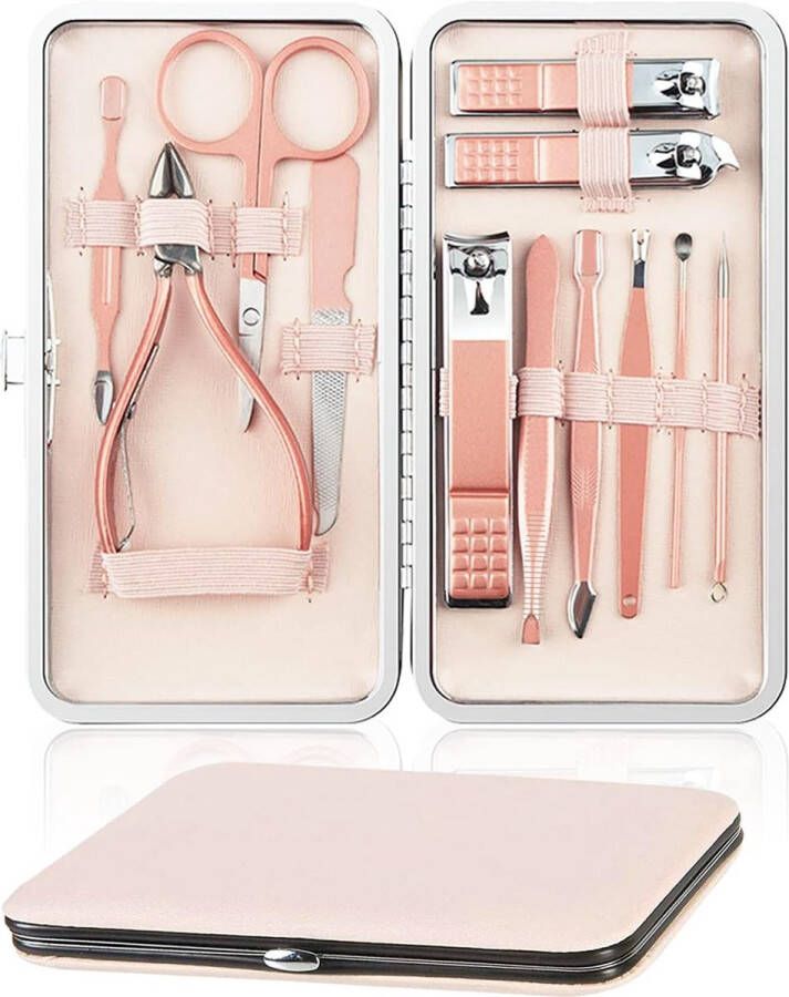 Manicureset 12-in-1 professionele nageltrimset pedicure kit draagbare roze schoonheidsset geschikt voor thuis en onderweg