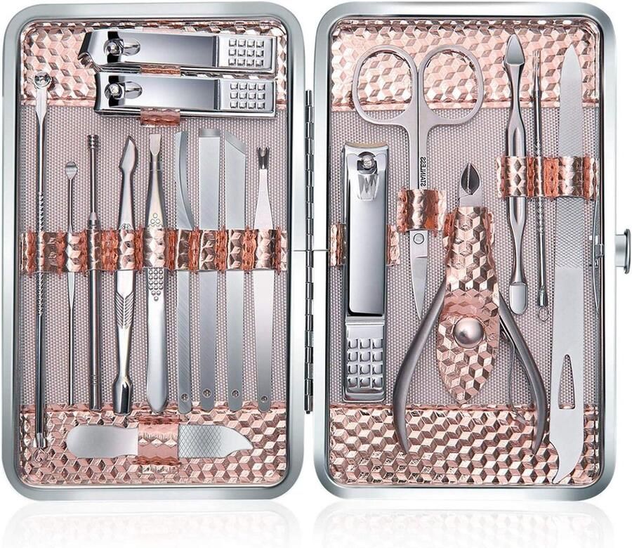 Manicureset 18-delig Professionele Nagelknipper Kit Pedicure Verzorgingsgereedschap Roestvrij Staal-PU lederen tas-Travel Home-Rose Gold