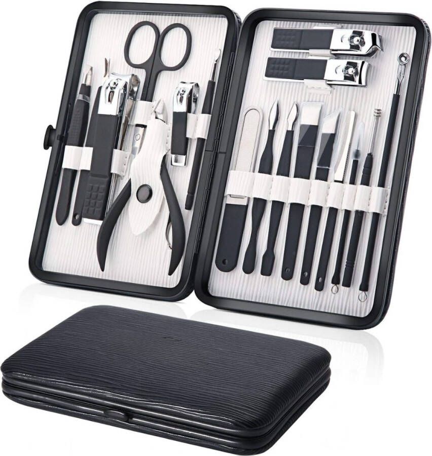 Manicureset 18-delige Professionele Manicure Set Roestvrijstalen Nail Clippers Kit voor Heren Perfect voor Reizen en Thuisgebruik (Zwart)