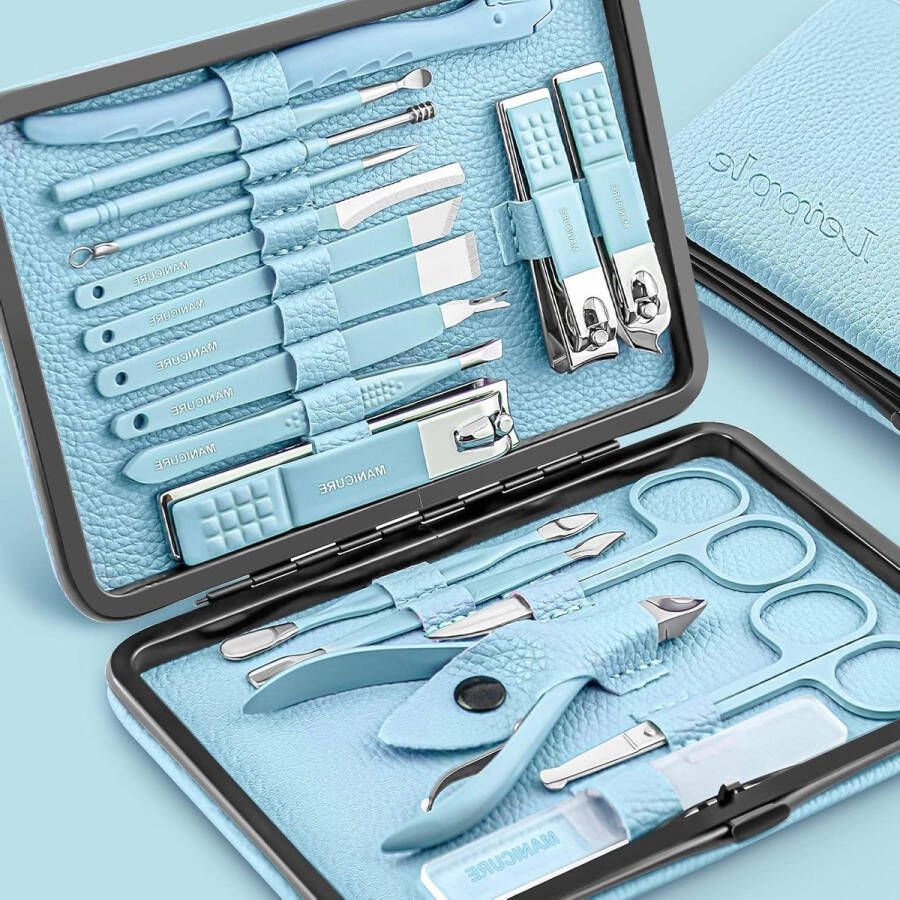 Manicureset 18 Stks Nail Care Tools Verzorging Kit met Luxe Upgraded Travel Case Blauw