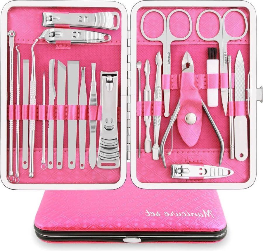 Manicureset 23 stuks professionele nagelknipper kit pedicure tools roestvrij staal verzorgingsgereedschappen zwart PU-lederen hoes reizen thuis roze zilver