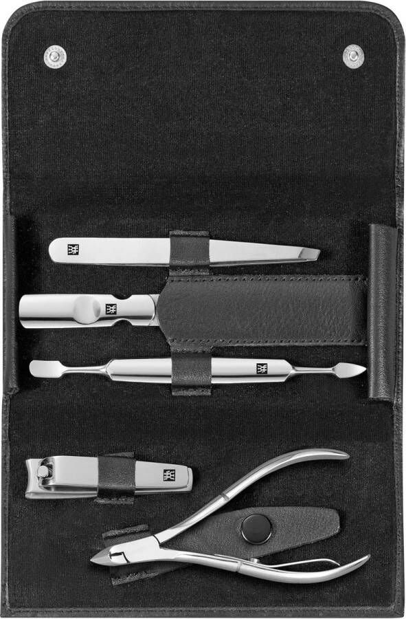 Manicureset 5-delig met etui van rundleer professionele verzorging voor handen en voeten zwart