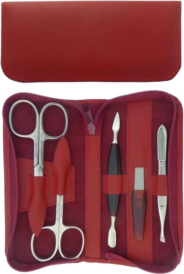 Manicureset 5-delige lederen met rits Made in Italy Burgundy Nappa Luxe manicuregereedschap