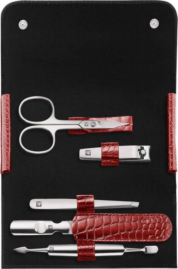 Manicureset 5-Delige Set Inox Netjes Leer Drukknoop Croco Design Rood