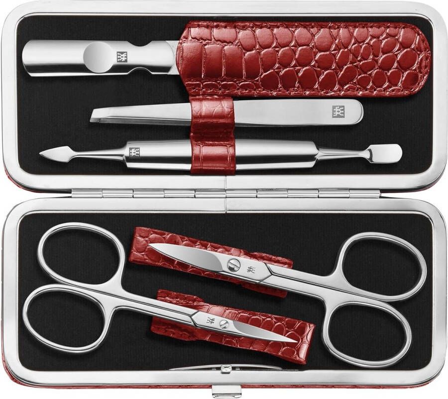 Manicureset 5-Delige Set met Lederen Croco Design Zaak Rood ZWILLING Klassiek Inox