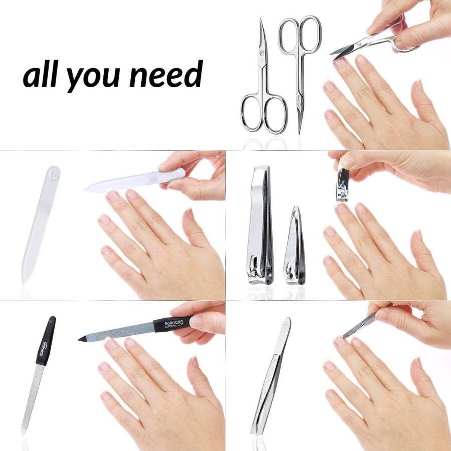 Manicureset dames en heren Solingen Made in Germany 7-delig met gepatenteerde glasvijl voor hand- en voetverzorging echt lederen etui handig en zacht