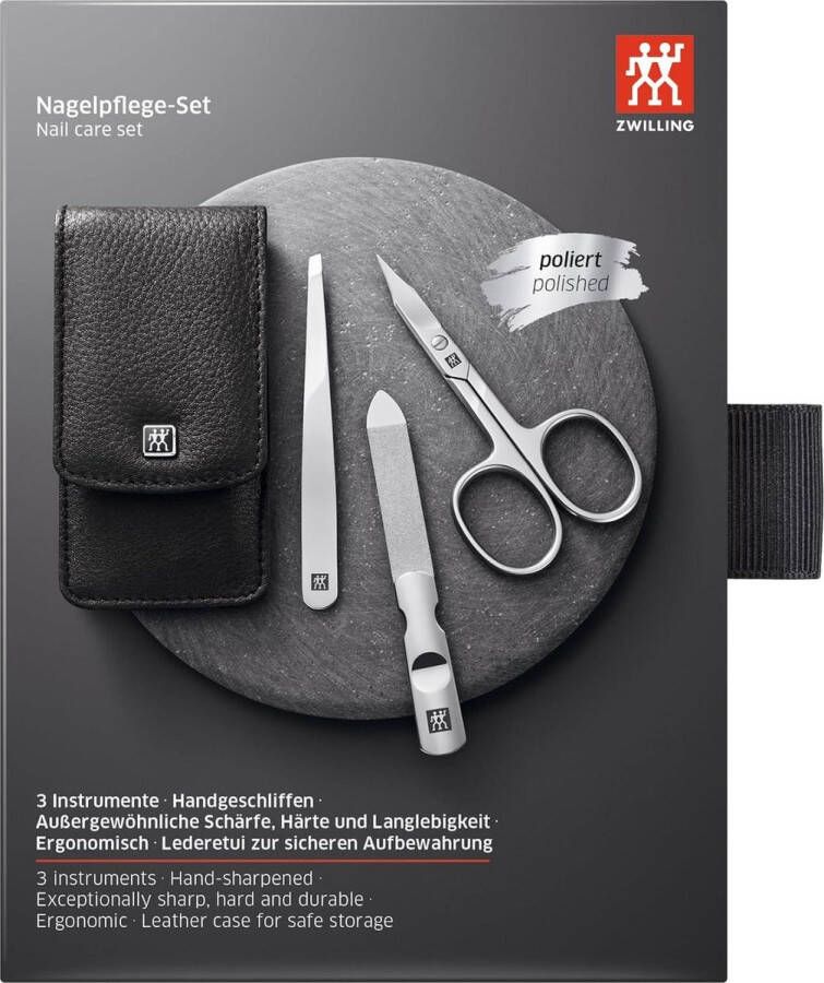 Manicureset Klassiek Inox Manicure Pedicure 3-Delig Set in Zwart Pocket Lederen Zaak met Vijl en Nagelknipper