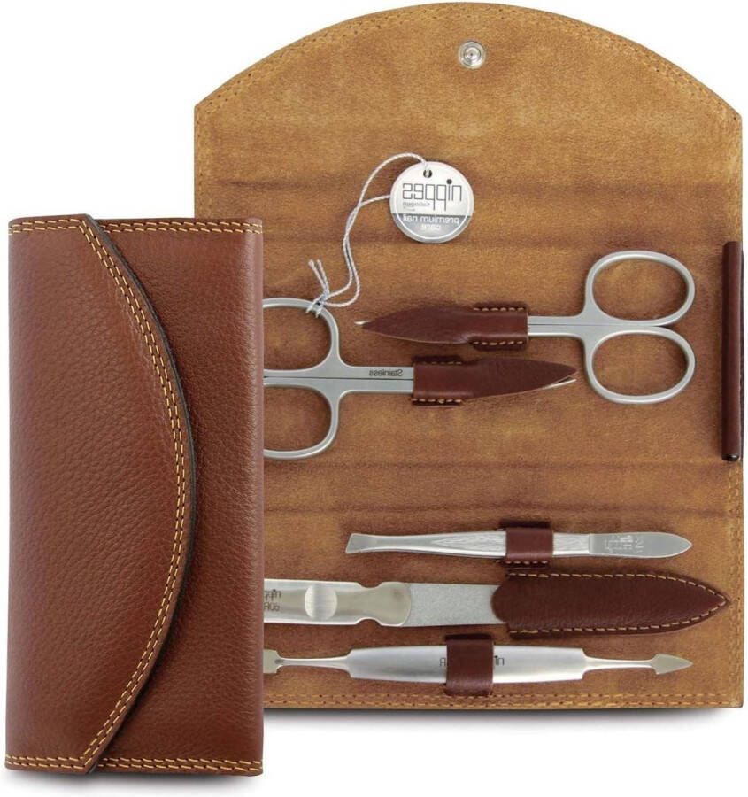 Manicureset leren koffer met sluiting 5-delig bruin