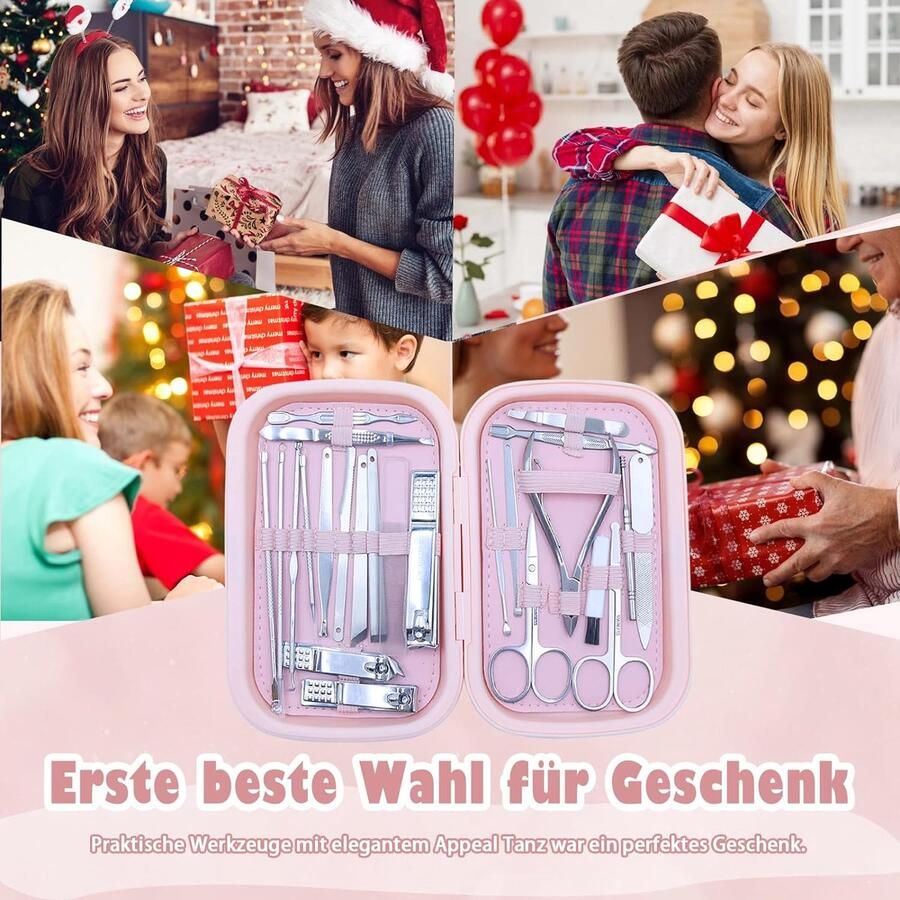 Manicureset manicure- pedicureset 24 stuks nagelknipperset nagelset voor mannen verzorgingsset nageletui nagelknipper roestvrij staal draagbare reistas van PP-geschenkdoos voor op reis (roze)