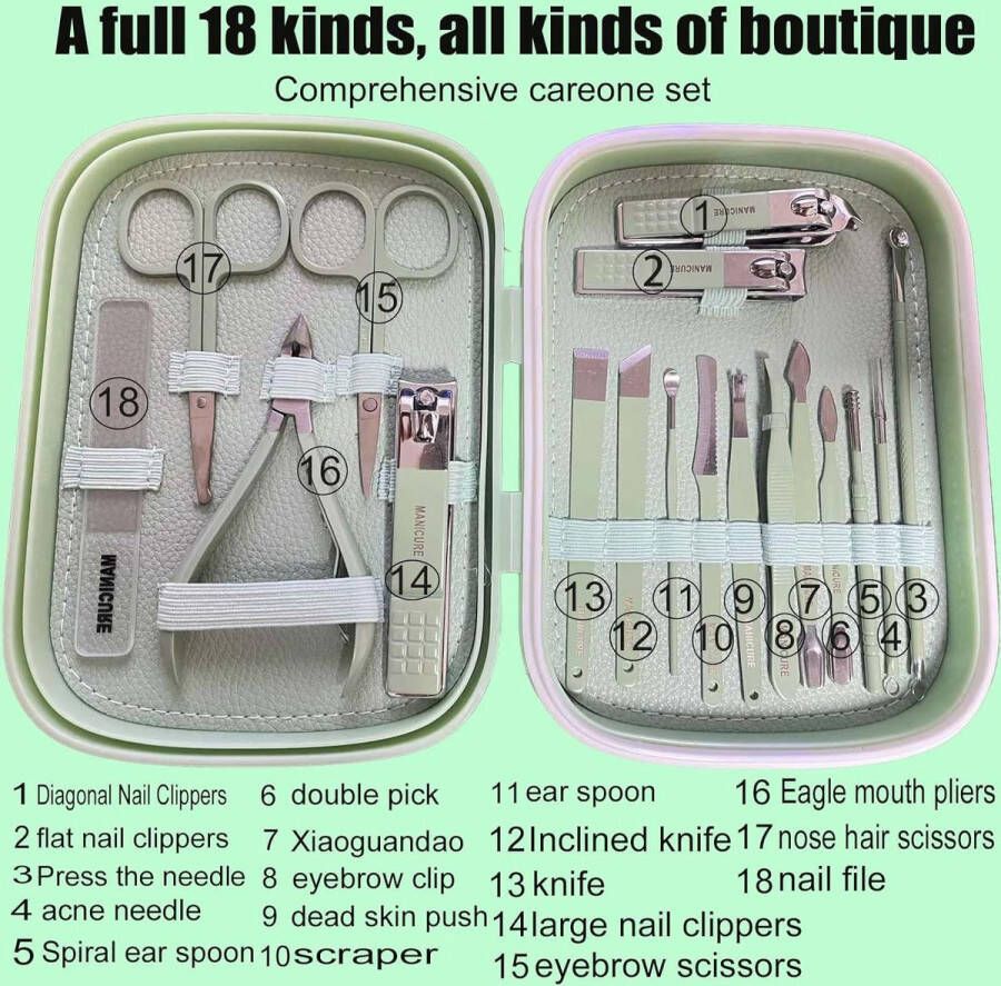 Manicureset nagelknipper en draagbare beauty-toolset roestvrij staal manicure-pedicureset 18-in-1 met hoogwaardige geschenkdoos ideaal voor thuis werkplek outdoor-reizen