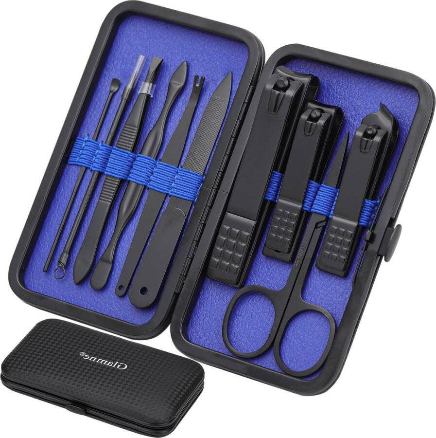 Manicureset Profesionele Rvs Nail Care Gereedschap met Lederen Travel Case 10 in 1 Blauw