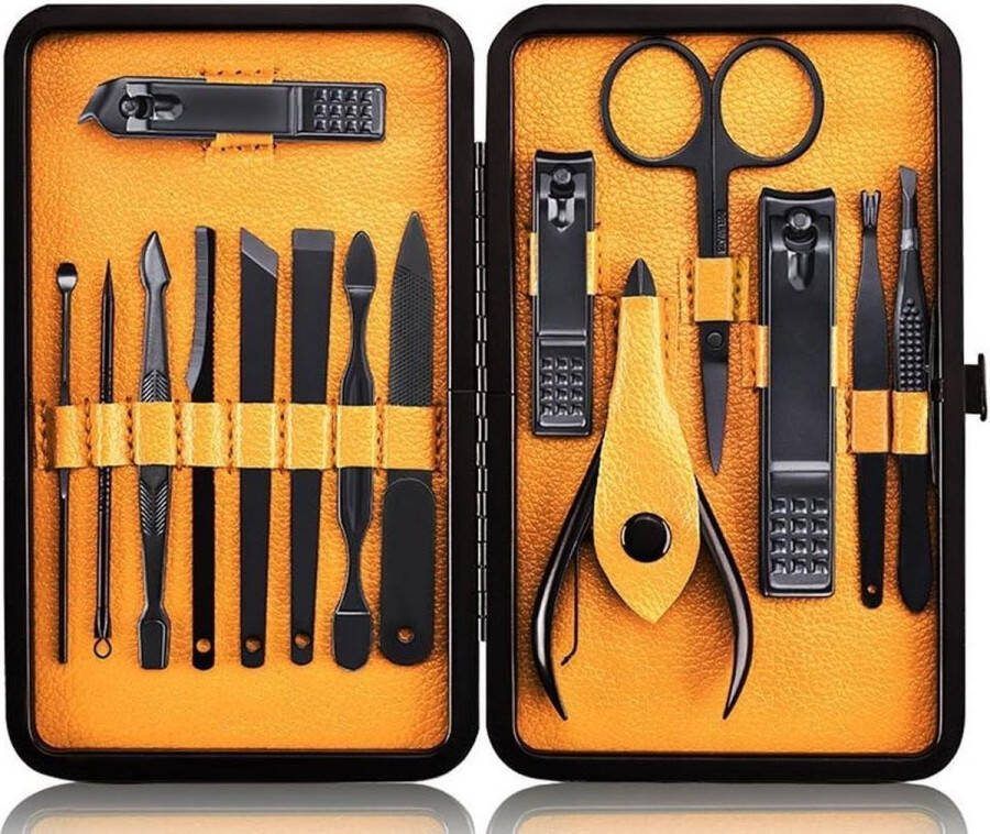 Manicureset Professioneel Professionele Nagelverzorgingsset Roestvrijstalen Pedicureset van 15 Stuks met Koffer voor Reizen Zwart Geel
