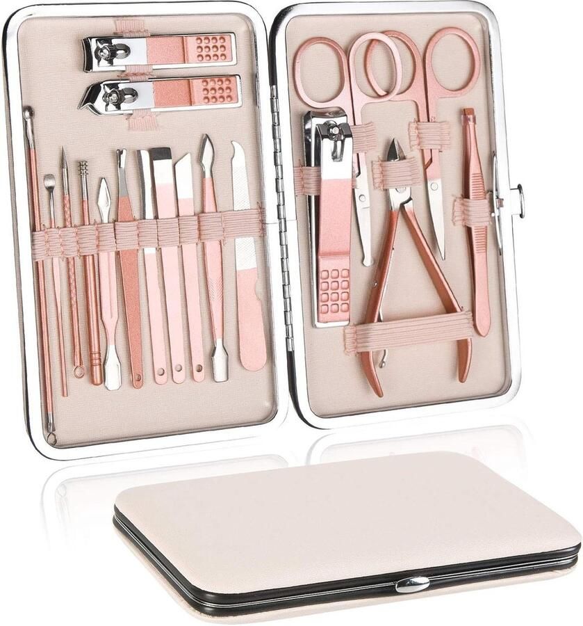 Manicureset Professionele 18-delig Draagbare Nagelknipper Pedicure Set Wenkbrauw Verzorgingsset Roestvrij Staal Nagelverzorgingsgereedschap Luxe Lederen Etui