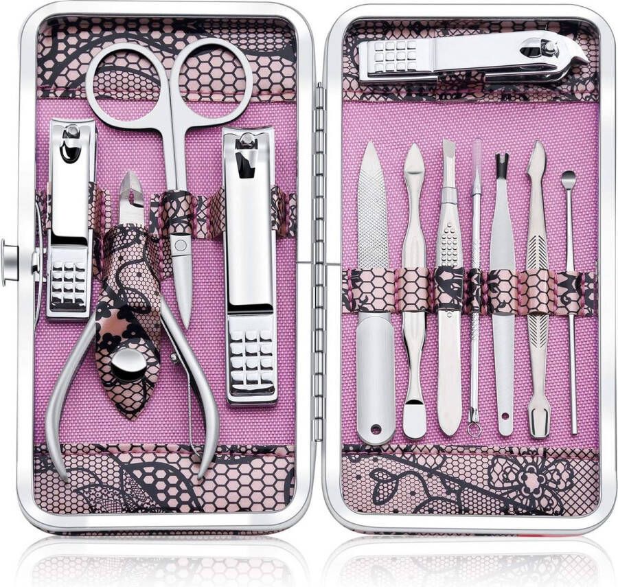 Manicureset Professionele nagelknipper Kit Pedicurekit 12-delige roestvrijstalen nagelverzorgingshulpmiddelen Reisverzorgingsset (roze)