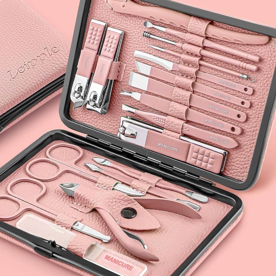 Manicureset professionele nagelknipper kit pedicurekit 18 stuks roestvrijstalen nagelverzorgingshulpmiddelen met luxe lederen reistas (roze)