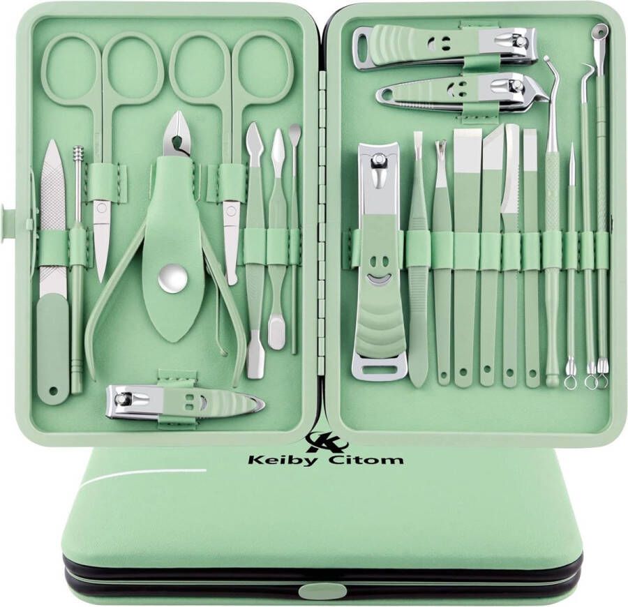 Manicureset Professionele nagelknipper Kit Pedicureset 22 stuks roestvrijstalen nagelverzorgingshulpmiddelen met lederen reistas (groen)