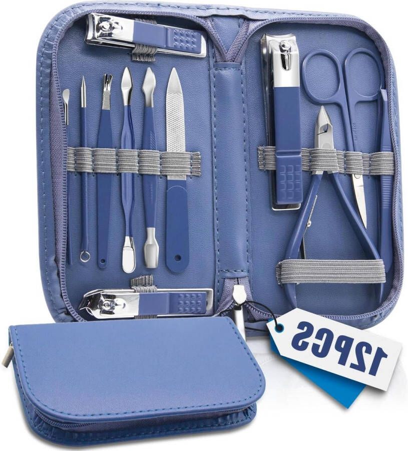 Manicureset Professionele Nagelverzorgingsset Vrouwen Mannen Gereedschap Accessoires Blauw Leren Reistasje