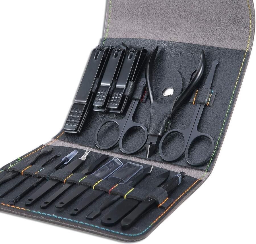 Manicureset Professionele Pedicure Kit Nagelverzorging Gereedschap 16-in-1 RVS Nagelknipper Verzorgingsset Luxe Lederen Reistas (Zwart)