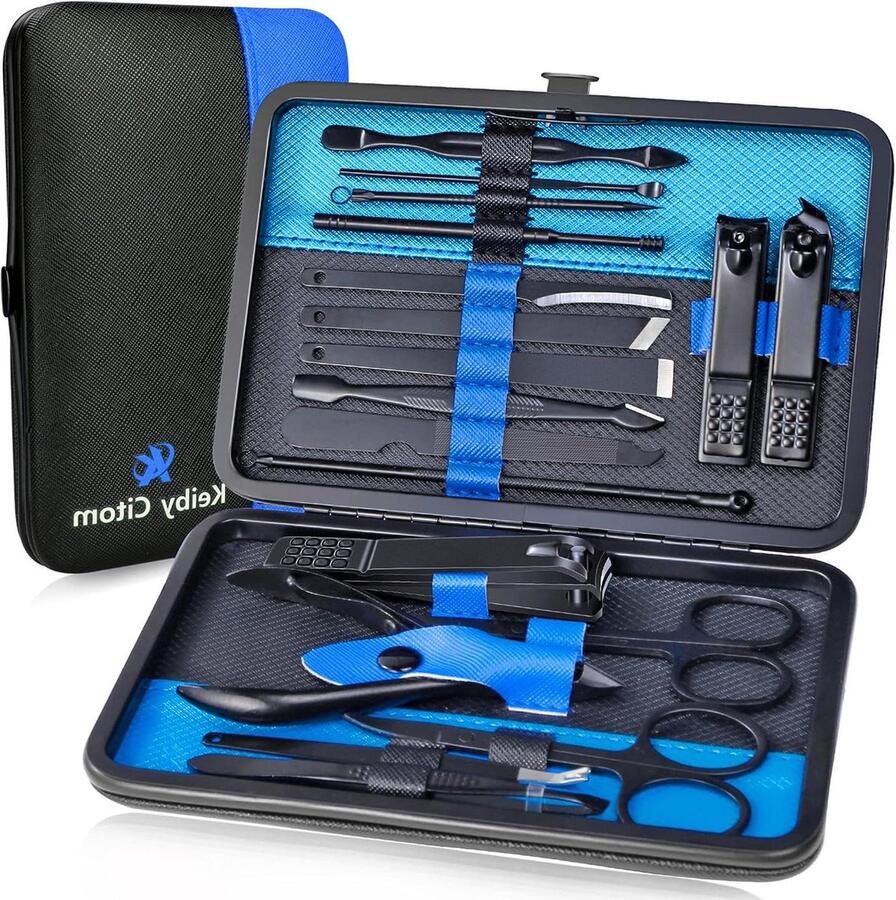 Manicureset Professionele RVS Pedicureset van 15 stuks met Case voor Reizen Zwarte Blauwe Nagelknipperset