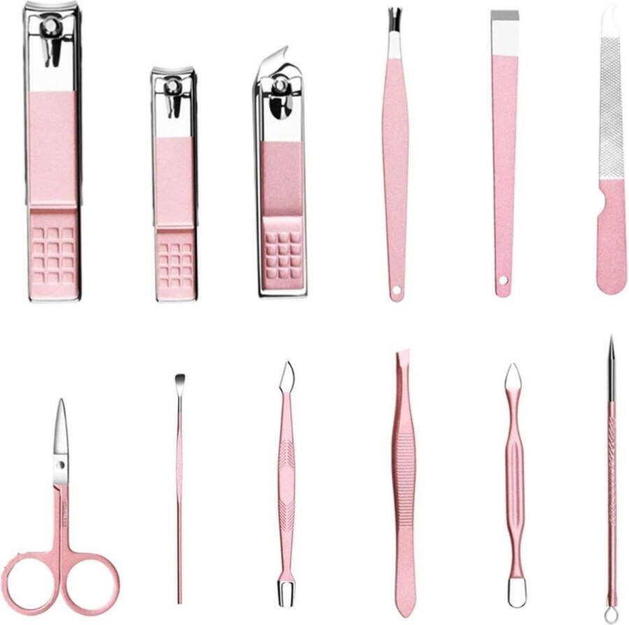 Manicuresets 12 stuks voor vrouwen professionele roestvrijstalen nagelknipper pedicure kit verzorgingsgereedschap voor meisjes nagelknipper en schoonheidshulpmiddel draagbare set reismanicuresets (Rose)