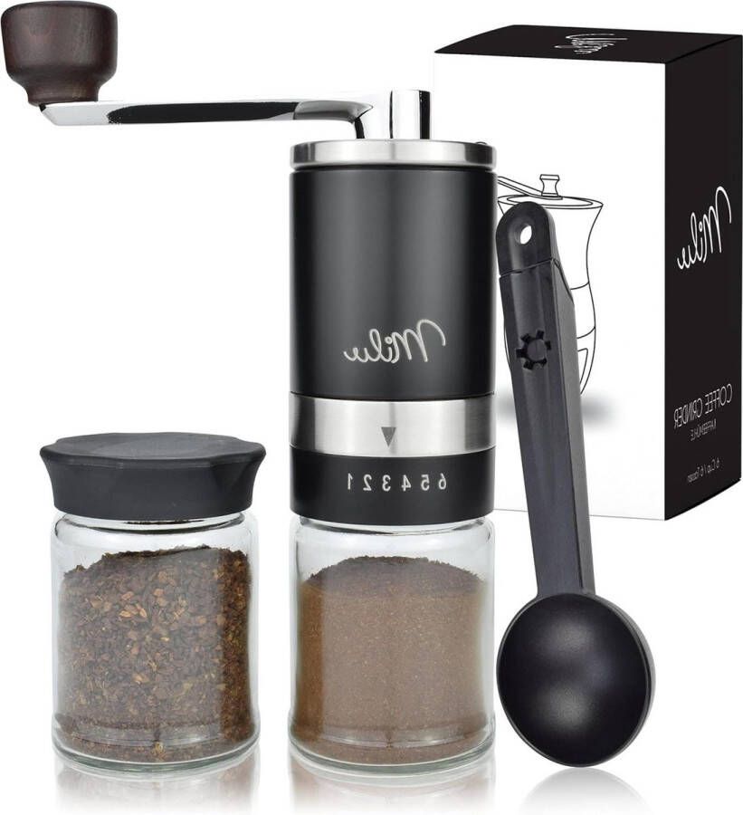 Manuele koffiebonenmolen Handmatige koffiemolen met keramisch maalmechanisme Traploze maalinstelling Espressomolen met lepel en borstel (Zwart) coffee grinder manual