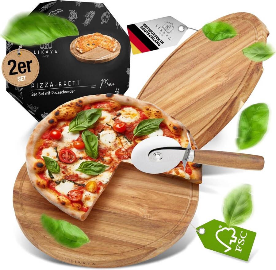 Mario pizzaplank pizzabord set van 2 rond met pizzasnijder Ø 35 cm van FSC-gecertificeerd acaciahout voor pizza cake brood kaasplank en nog veel meer