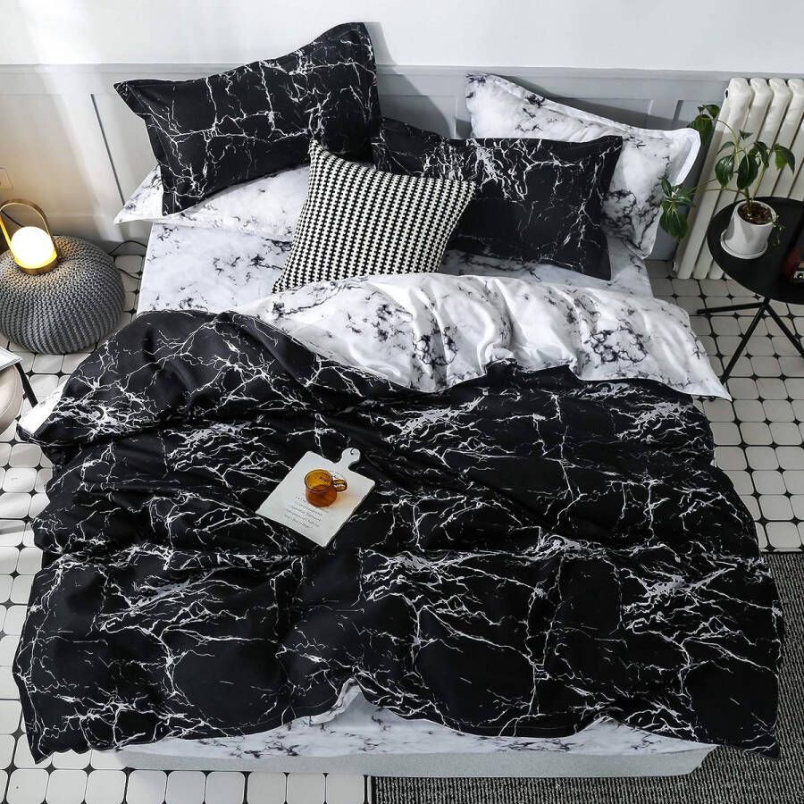 Marmeren bed 200 x 220 cm + kussens 80 x 80 cm x 2 wit-wit gemarmerd omkeerbaar bed den voor dames en heren tweepersoons bed dekbedovertrek