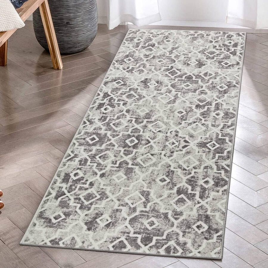 Marokkaans geometrisch tapijt loper 60 x 130 cm zacht antislip wasbaar kunstwol modern kortpolig grijs keukentapijt voor hal slaapkamer keuken entree