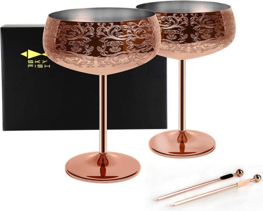 Martini-cocktailglas met 2 cocktailprikkers roestvrijstalen wijnglazen 400 ml champagnebeker set van 2 (roségoud)
