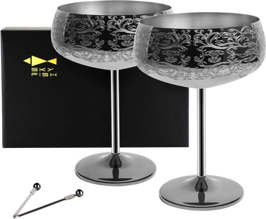 Martiniglas roestvrijstalen champagnekom van 400 ml met 2 cocktailprikkers 2 stuks (zwart)
