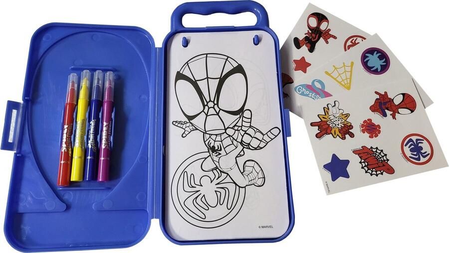 Marvel Spidey and his amazing friends reis tekenset activity box disney junior 20x kleurplaat 4x stift 3 x stickervel knutselen