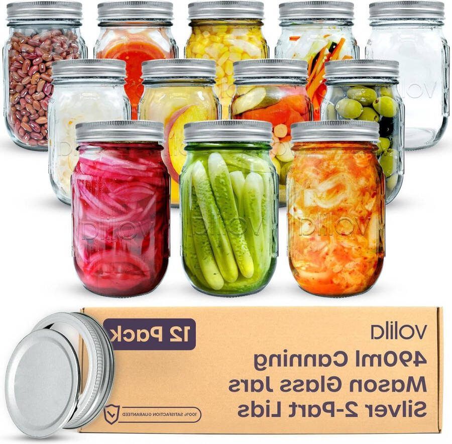 Mason Jar 590ml Glass Jar with Lids for Overnight Oats Pickling and Jam Making Set of 6 16oz