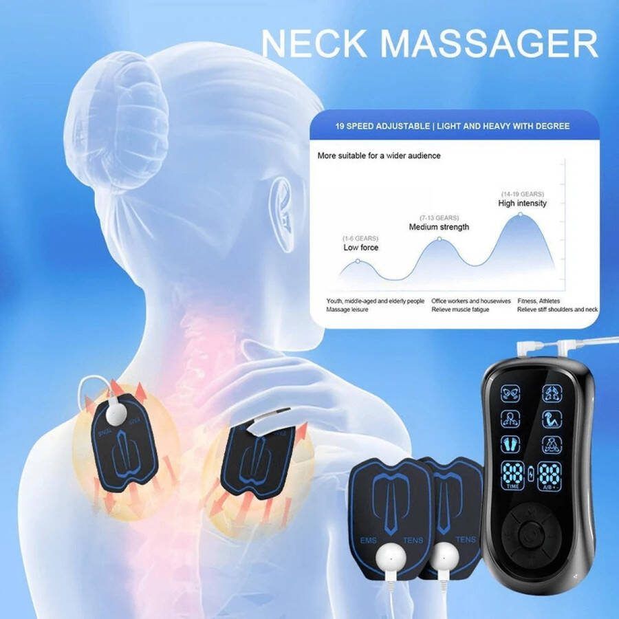 Massage Apparaat-Nek Massage EMS Massage Apparaat massage TENS Spierstimulatie Stimuleert Bloedsomloop Geschikt voor Rug 4 pleisters Armen en Benen- Geschikt voor lichaamsontspanning voor en na het sporten klein ultralicht draagbaar