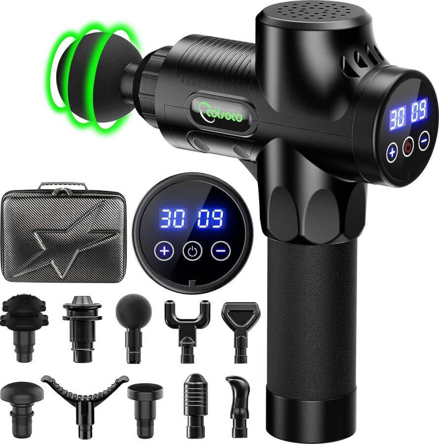 Massage Gun – Incl. Koffer en 10 Opzetstukken – Massage Apparaat 30 Snelheden Met LCD Touch Screen en Batterij Indicator – Incl. USB-C Oplaadkabel – Draadloos – Massage Gun Professioneel – Massage Pistool – Stil 40dB Massage Zwart