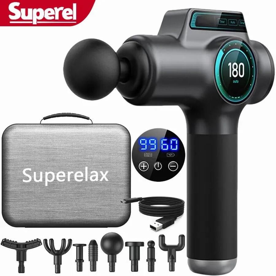 Massage Pistool Masssage Gun Massage Apparaat LCD Scherm Koffer Accessoires Zwart