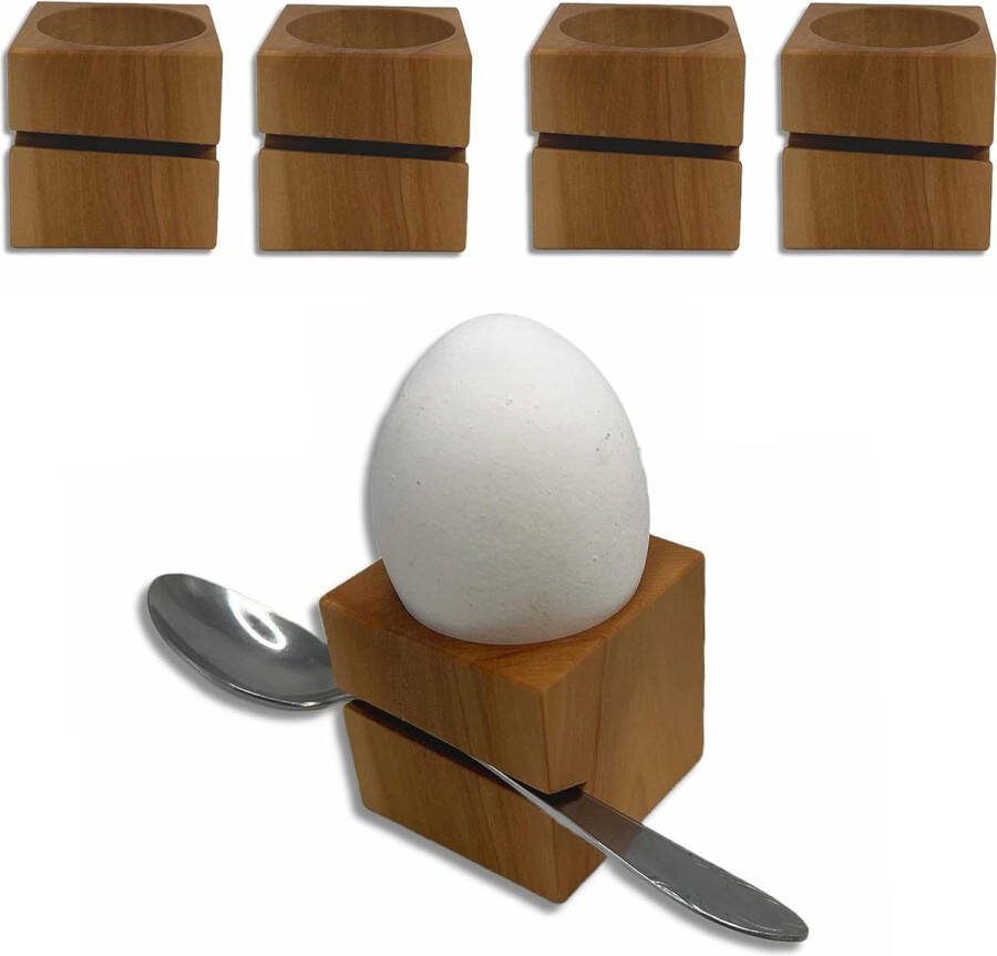 Massief houten eierdopjes met lepelhouder modern hoekig design set van 4 kerskleurig