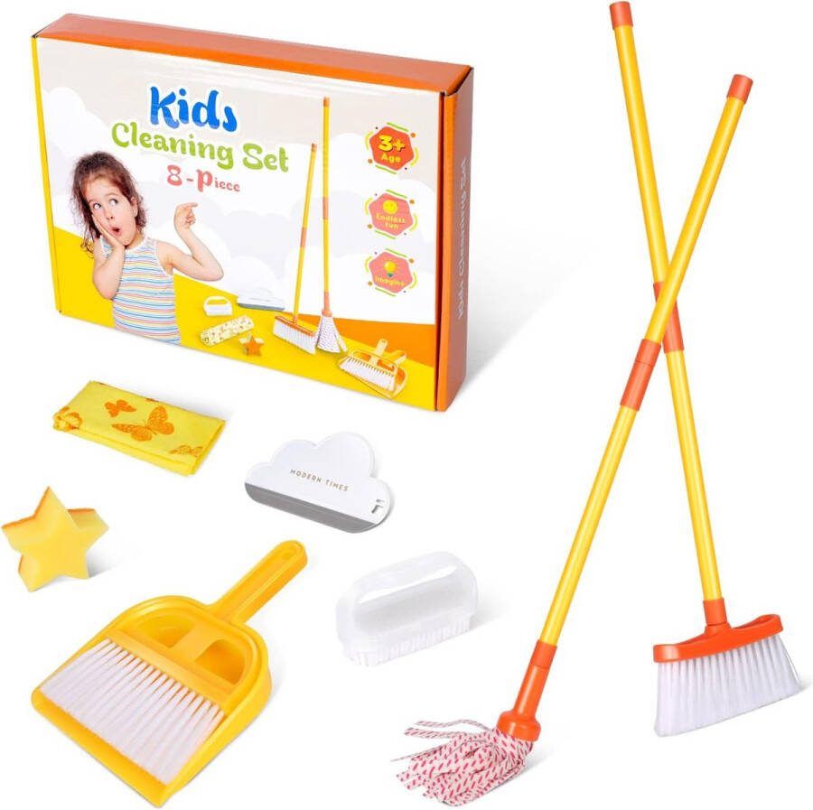 Masthome Kinderreinigingsset 8-delig kinderbezem blik en bezem kinderspeelgoed met dweil schoonmaakdoekjes schoonmaakspons geschikt voor kinderen vanaf 3 jaar