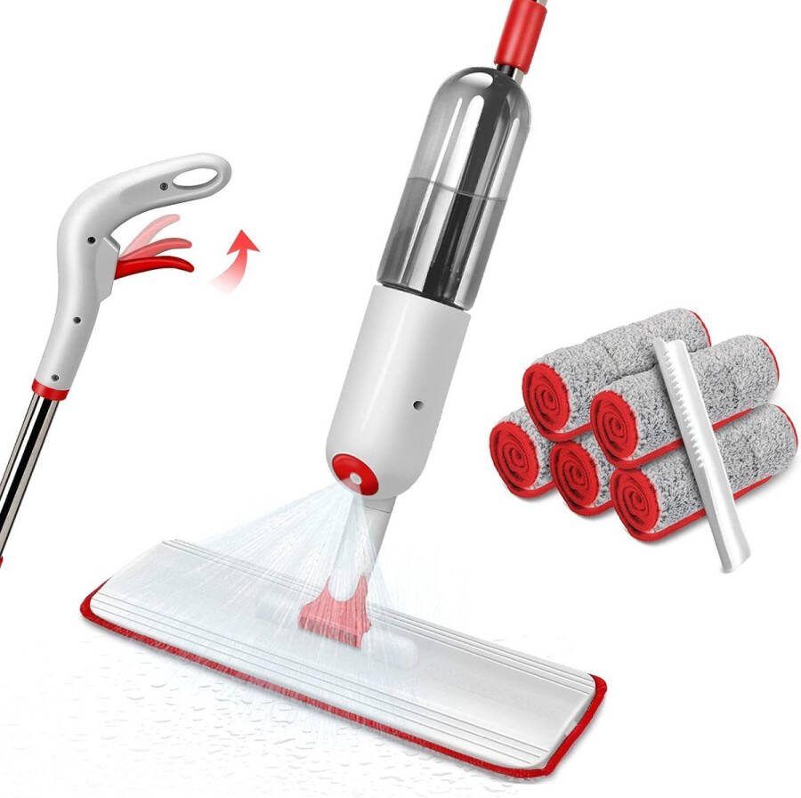 Masthome Mop met sproeifunctie sproeimop met 5 microvezelpads wisser met sproeifunctie (watertank 500 ml) voor hardhout tegels laminaat marmer schraper