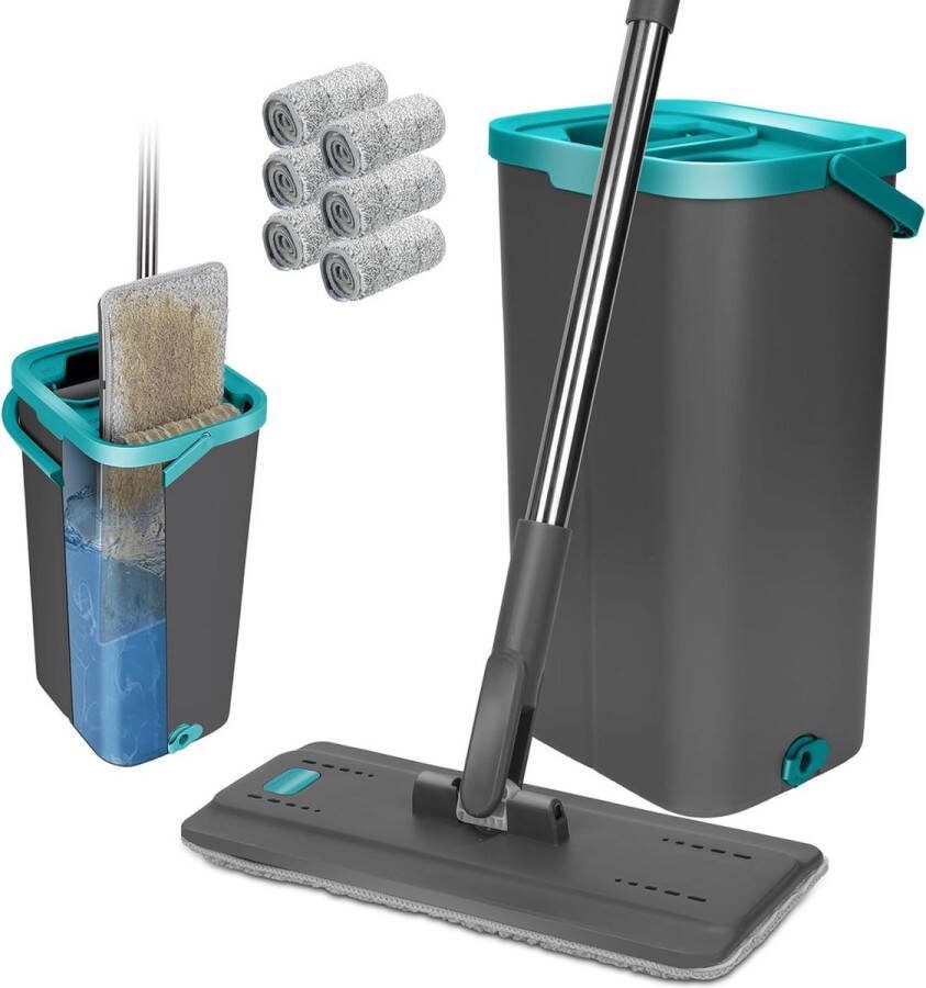 Masthome Mop Set with Bucket Floor Mop with 6 Microfibre Mop Pads and 148 cm Stainless Steel Handle Cleaning Bucket with Mop for Hardwood Marble Tiles Floor Cleaning