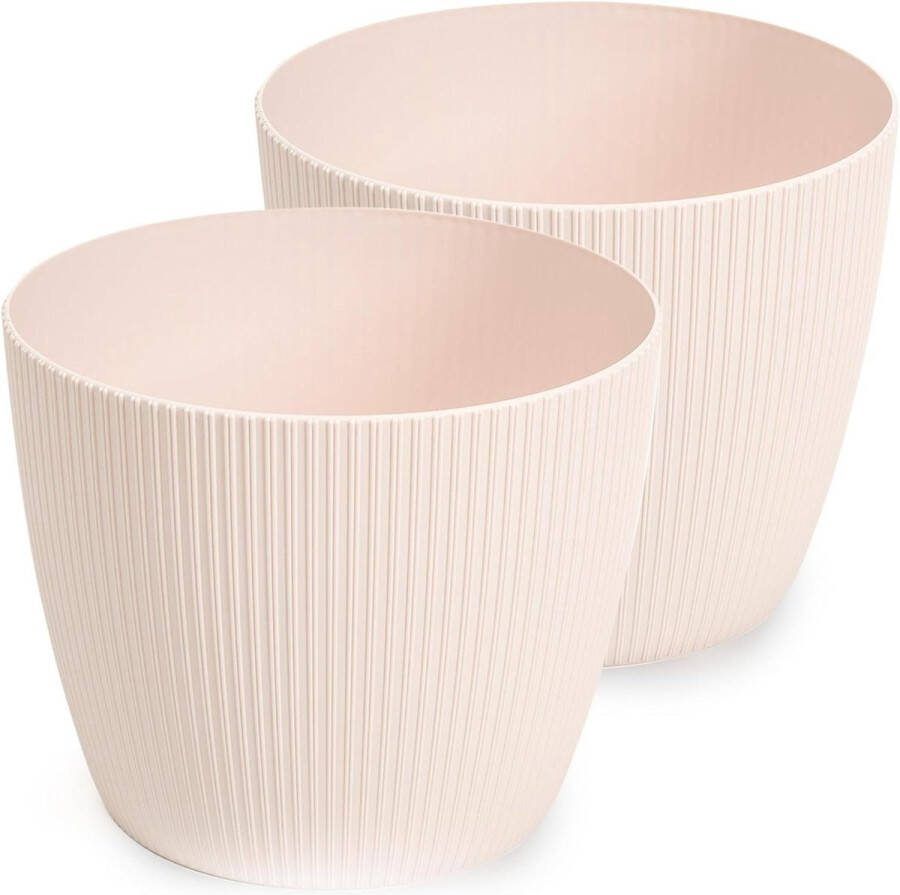 Mat roze kunststof bloempot set van 2 decoratief en groot kruidenpot doorsnede 26 cm