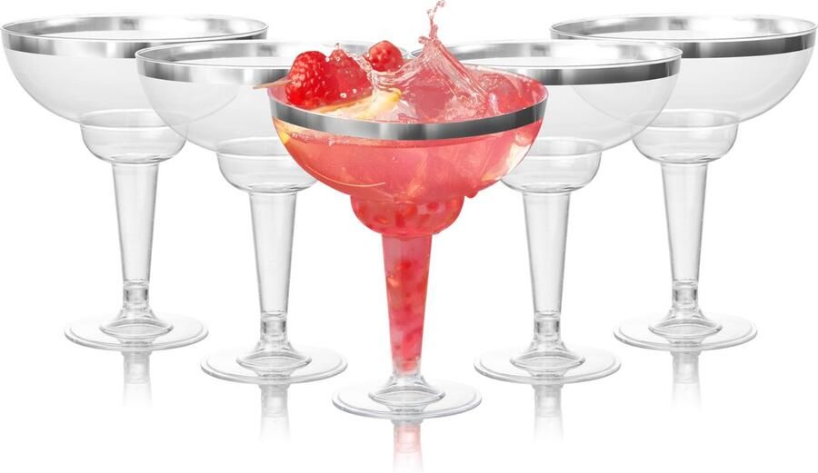 MATANA 12 Herbruikbare Plastic Margarita Cocktailglazen 360ml met Zilveren Rand