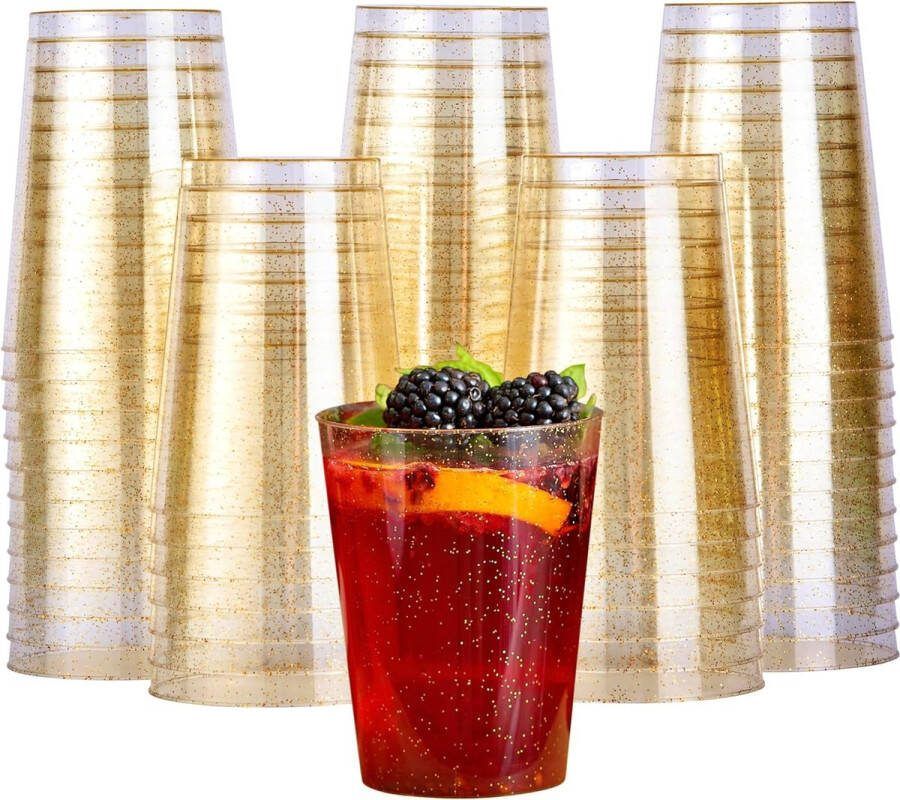 MATANA 50 Harde Plastic Bekers met Gouden Glitter 285ml 10oz Herbruikbaar Cocktailglazen voor Verjaardagen Bruiloften Doopfeesten Kerstmis Elegant en Stevig