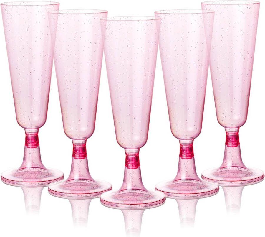 MATANA 50 Herbruikbare Plastic Champagneglazen 150ml met Roze Glitter