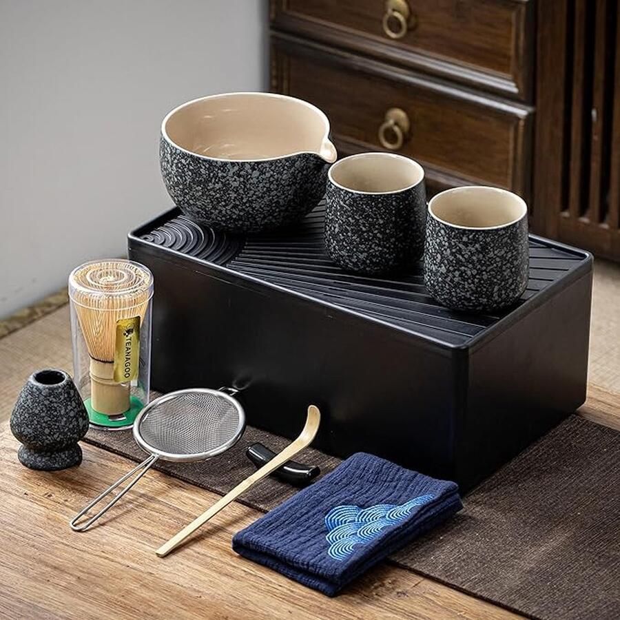 Matcha Klopper Set 7-delig met 2 kopjes met Opbergdoos Matcha Whisk Bamboe Klopper Japanse Theeceremonie