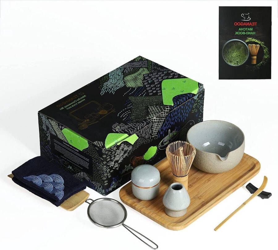 Matcha set ceremonieset dienblad Japans theeservies schenktuit bamboe garde schep zeef gardehouder Matcha gardestandaard theepoederreservoir O2 Dk.Grijs