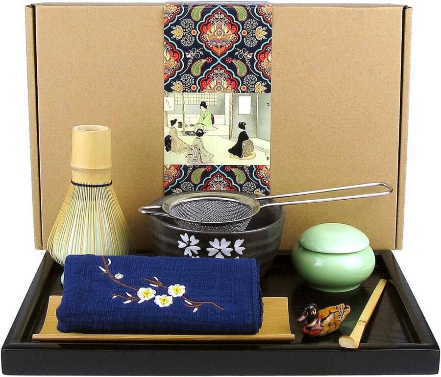 Matcha set Japanse Matcha thee set Matcha garde traditionele Scoop Matcha kom zwart bamboe lade keramische gardehouder Matcha Caddy handgemaakte Matcha Ceremonie Kit Japanse theeceremonie (10st)