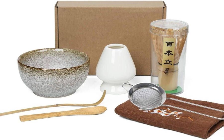 Matcha set Japanse Matcha Thee Set van 7 With100 Prong Matcha Klop-Klop Houder Traditionele Schep Theelepel Theezeef Theehanddoek Keramische Matcha kommen