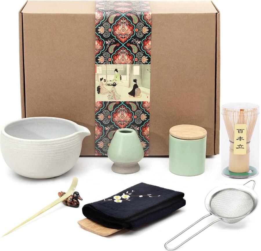 Matcha set theeservies matcha kom met schenktuit matcha garde theeschep keramische gardehouder matcha poeder caddy handgemaakte matcha set voor Japanse theeceremonie 9 stuks